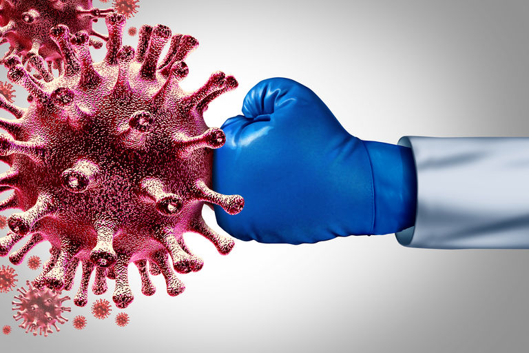 Virus vaccine and flu or coronavirus medical fight disease control as a doctor fighting a group of contagious pathogen cells as health care for researching a cure with 3D illustration elements