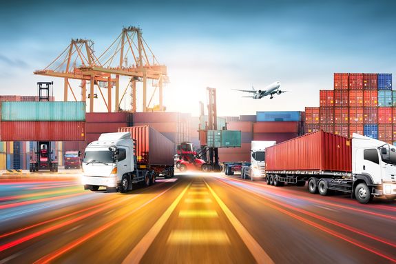Global business logistics import export and container cargo freight ship during loading at industrial port by crane